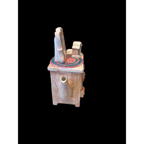 Seymour Mann Teapot Dresser w/Mirror Clock Flowers Socks Tan Brown Blue Vtg EUC - Picture 3 of 8